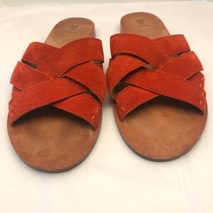 EUC Frye Carla Criss Cross Sandal, Red Suede, Sz 7.5